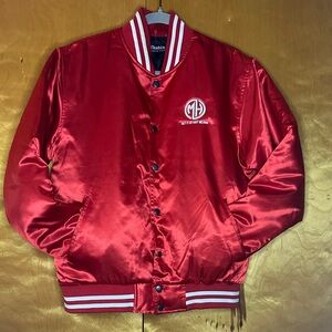 Multi Hustler Red Satin Varsity Jacket